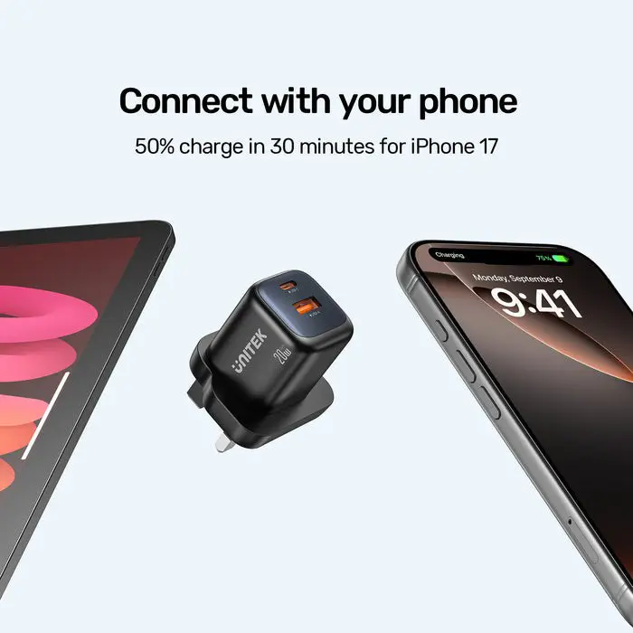 UNITEK WALL CHARGER 2X GAN USB-A & USB-C 20W BLACK