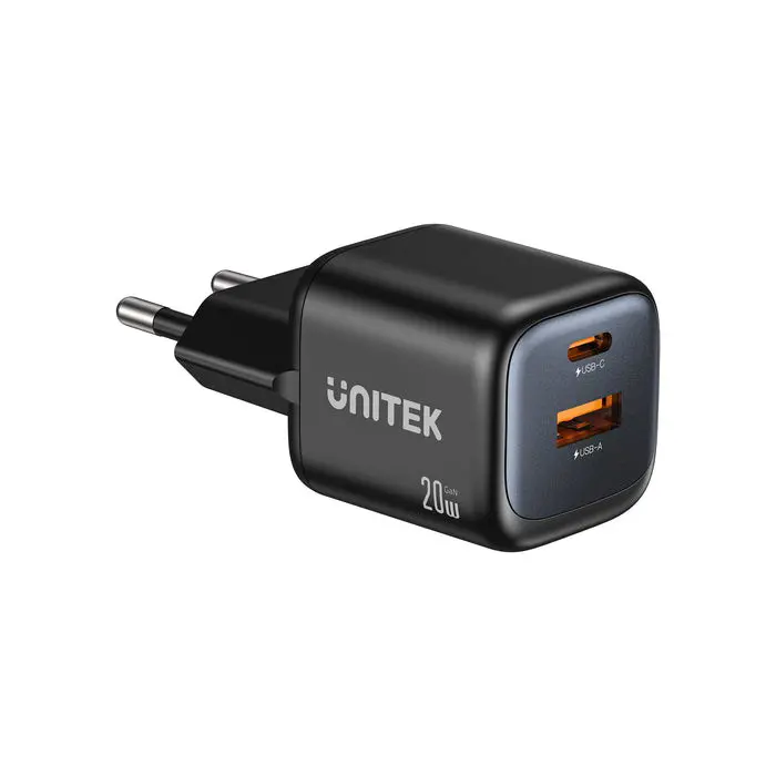 UNITEK WALL CHARGER 2X GAN USB-A & USB-C 20W BLACK