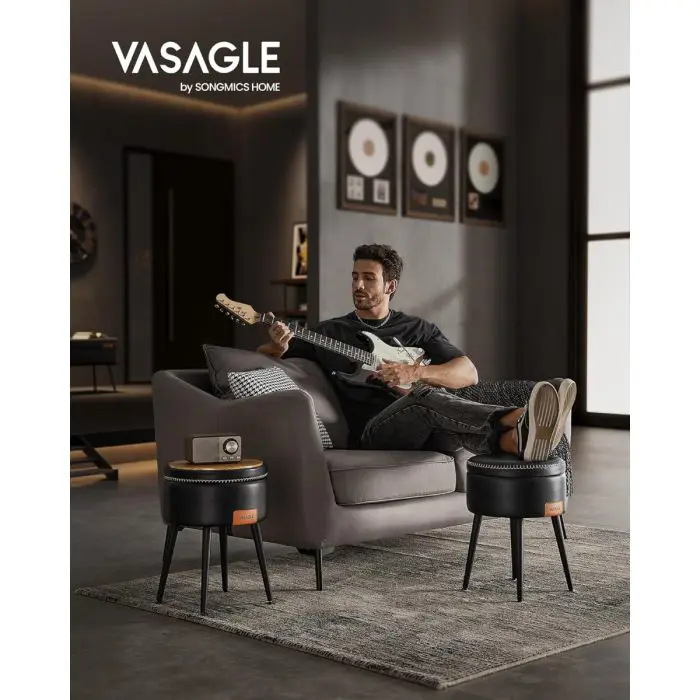 VASAGLE EKHO okrogli shranjevalni tabure z oblazinjenim sediščem