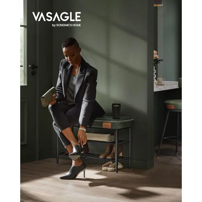VASAGLE EKHO shoe bench, artificial leather, 135 kg capacity, forest green, 30 x 80 x 50 cm