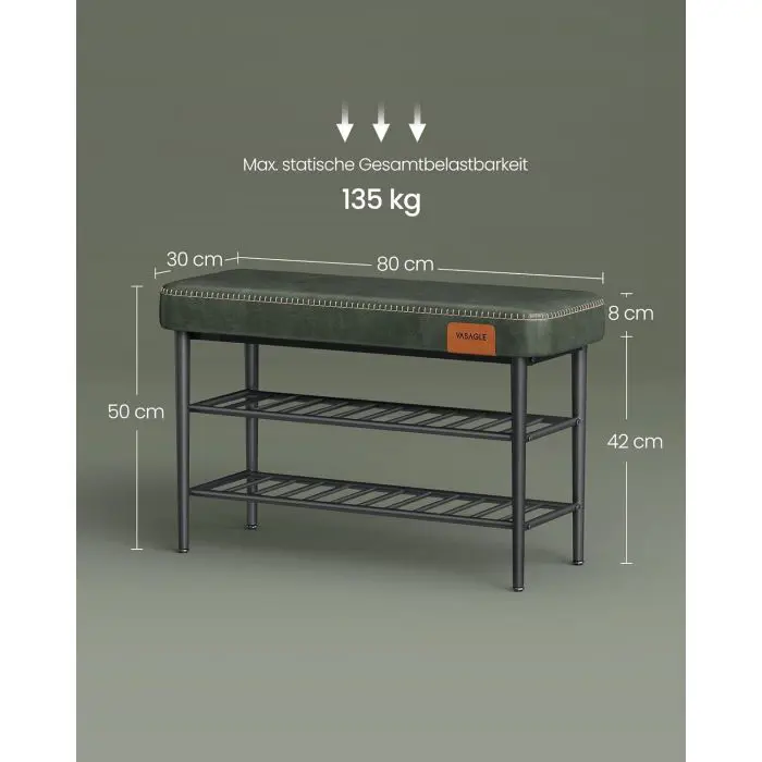 VASAGLE EKHO shoe bench, artificial leather, 135 kg capacity, forest green, 30 x 80 x 50 cm