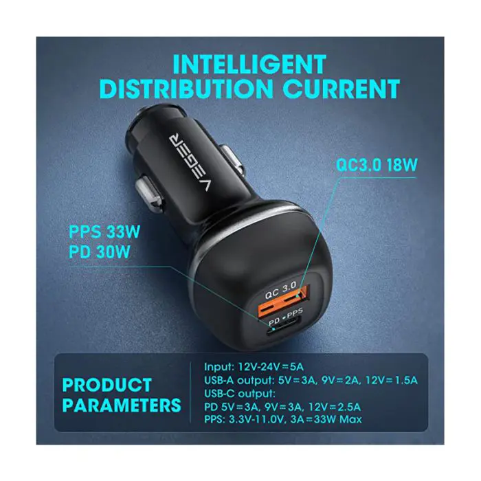 VEGER car charger CC62 USB+USB-C PD, QC3.0 51W