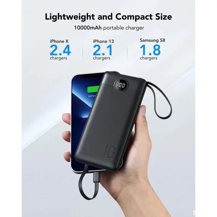VEGER portable battery with built-in cables C10 10000 mAh, black.