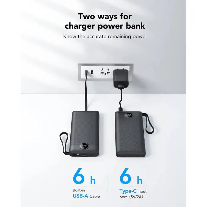 VEGER portable battery with built-in cables C10 10000 mAh, black.