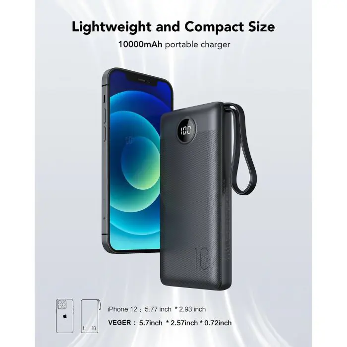 VEGER portable battery with built-in cables C10 10000 mAh, black.