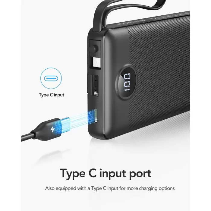 VEGER portable battery with built-in cables C10 10000 mAh, black.