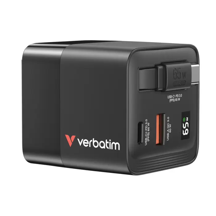 Verbatim GaN zidni punjač 65W s USB-C kabelom na uvlačenje, PD, QC 3.0, 1xUSB-C, 1xUSB-A