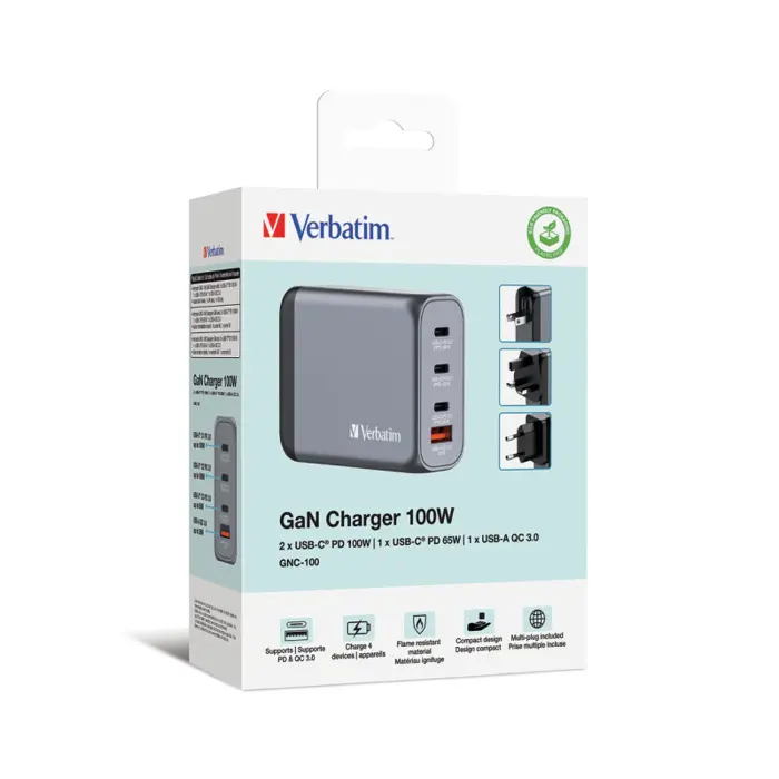 Verbatim GNC-100 GaN Charger 100W 3xUSB-C/1xUSB-A