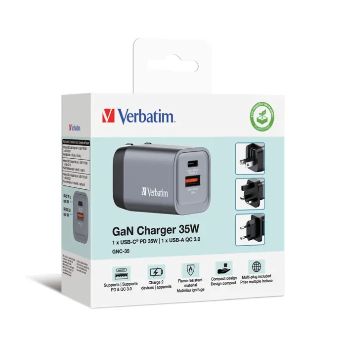 Verbatim GNC-35 GaN Charger 35W 1xUSB-C/1xUSB-A