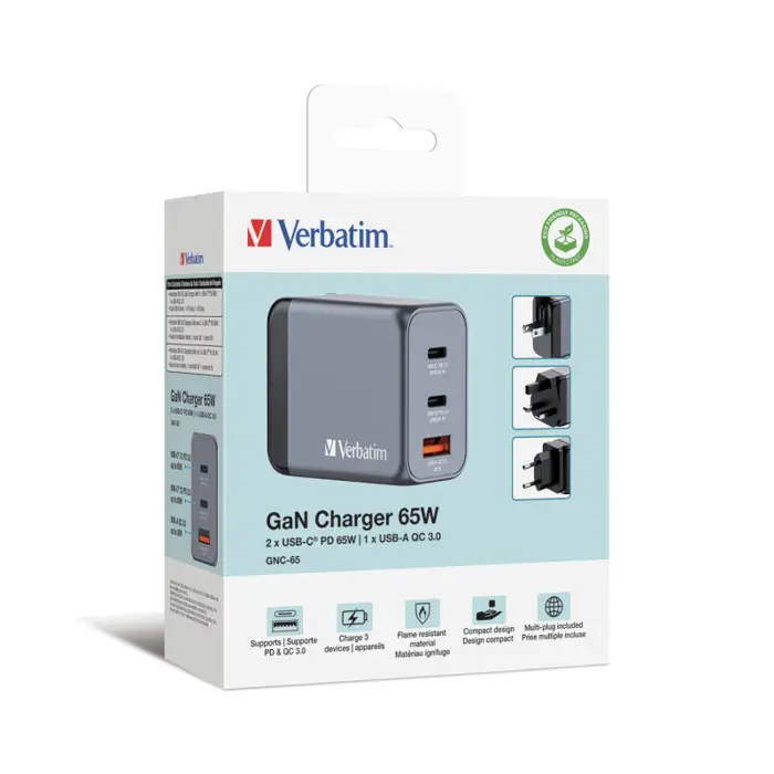 Verbatim GNC-65 GaN Charger 65W 2xUSB-C/1xUSB-A