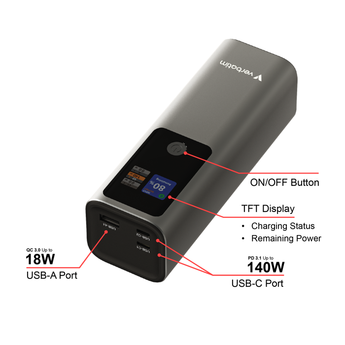 Verbatim Powerbank 27000 mAH Charge n Go 183W max, Dual USB-C® port, 1xUSB-A, Smart digital TFT display