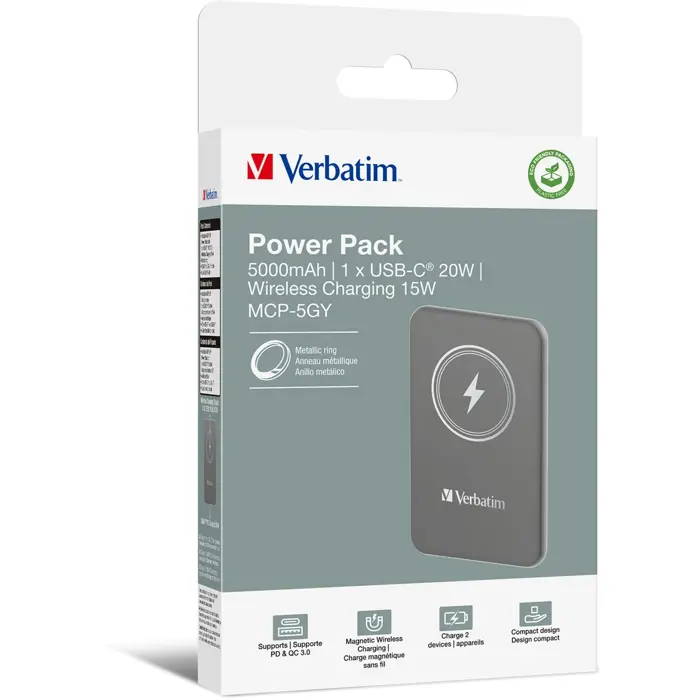 Verbatim Wireless Power Bank Charge 'n' Go 5,000mAh (grey, Qi, PD 3.0, Quick Charge 3.0)