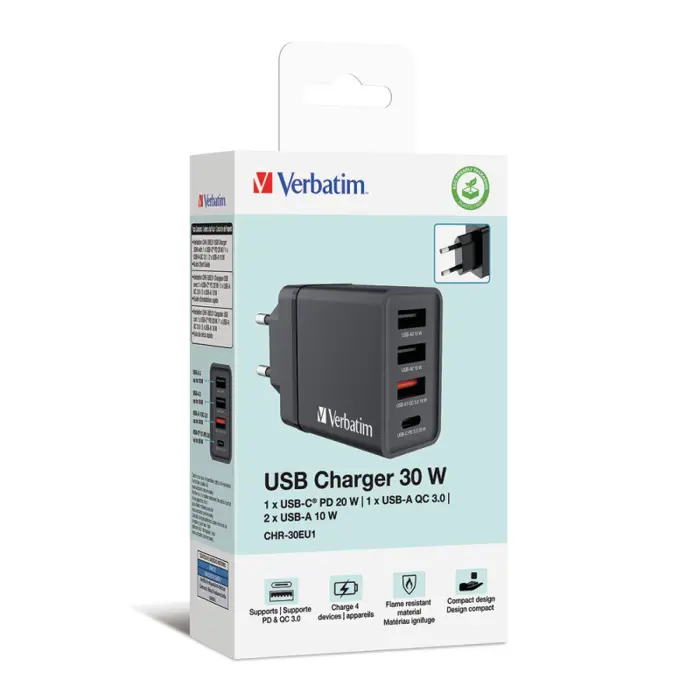 Verbatim zidni punjač od 30 W s 4 USB priključka - crni