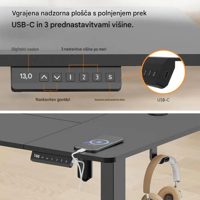 VonHaus Električna dvižna pisalna miza 140 × 60 cm, črno podnožje z orehovo delovno ploščo, USB-C polnilnim priključkom