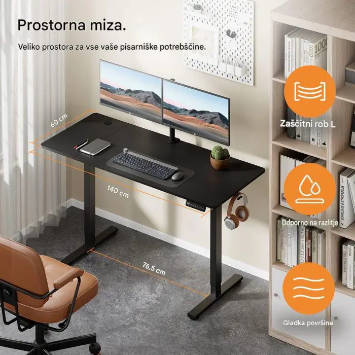 VonHaus Električna dvižna pisalna miza 140 × 60 cm, črno podnožje z orehovo delovno ploščo, USB-C polnilnim priključkom