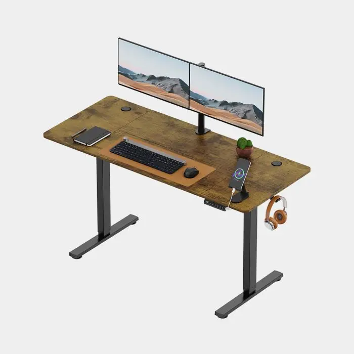VonHaus Električna dvižna pisalna miza 140 × 60 cm, črno podnožje z orehovo delovno ploščo, USB-C polnilnim priključkom